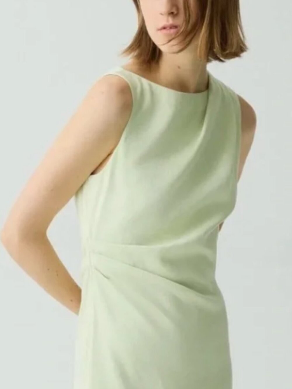 New Theory Linen Blend Draped Midi Dress Aloe - Picture 2 of 10